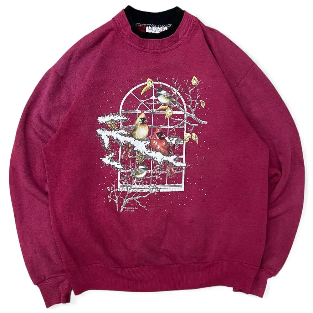 Vintage Winter Chickadee Bird Grannycore Double Collar Crewneck Sweatshirt M Red - Picture 1 of 14